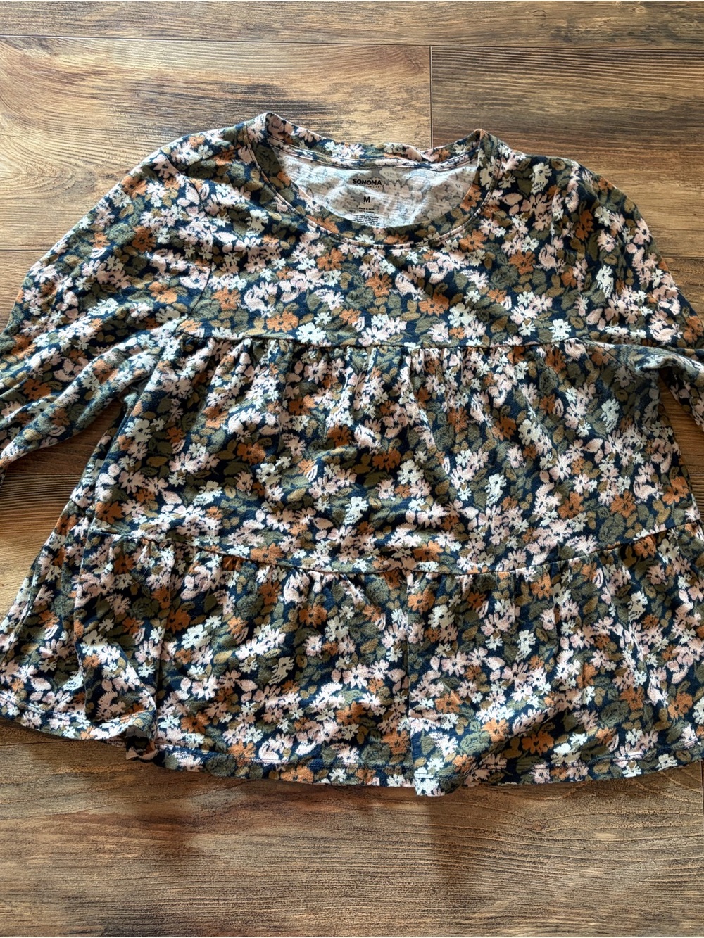 Sonoma Olive Green Floral Tiered Peplum Long-Sleeve Top
